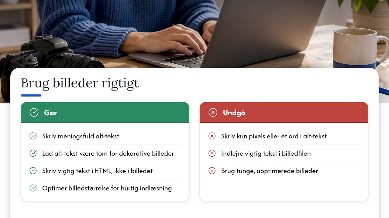 Brug billeder rigtigt: alt-tekst, SEO og tilgængelighed — overview diagram